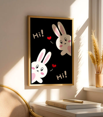 Charming bunny illustration with hearts on black background