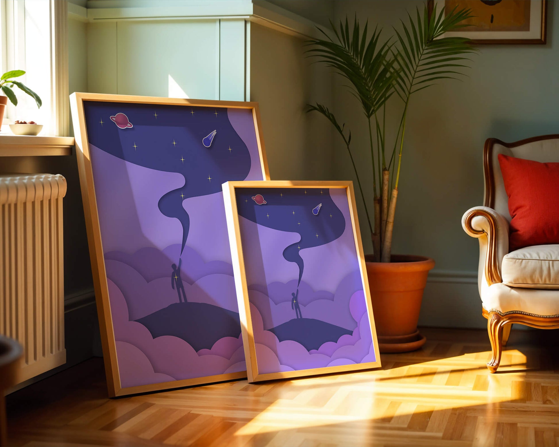 Silhouette in a cosmic landscape with stars and planets