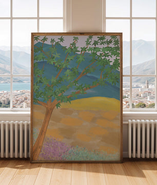 Paisaje pintoresco con árbol vibrante y fondo colorido