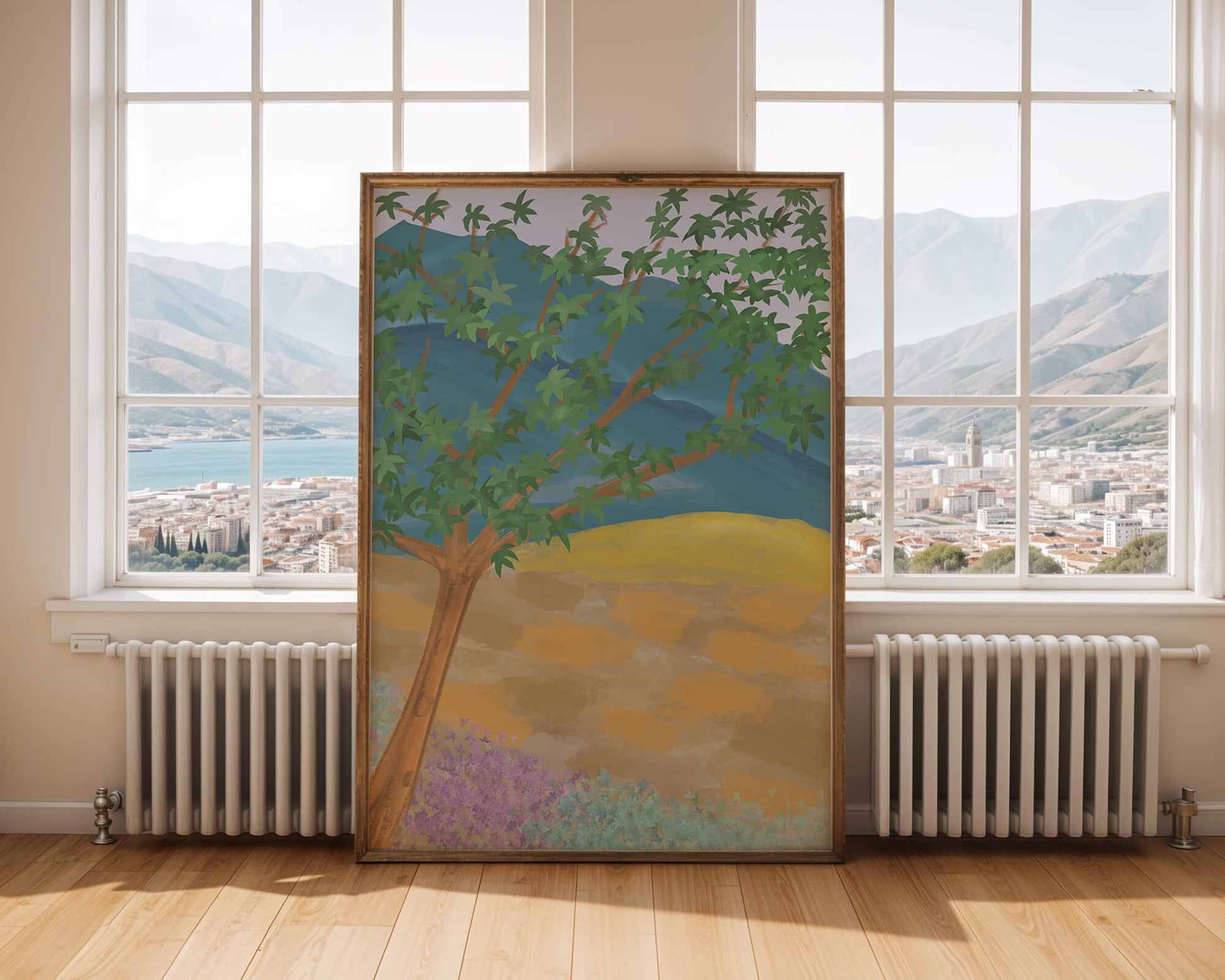 Paisaje pintoresco con árbol vibrante y fondo colorido