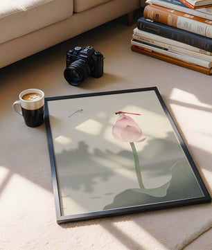 Dragonflies on a Lotus Bud with Serene Landscape