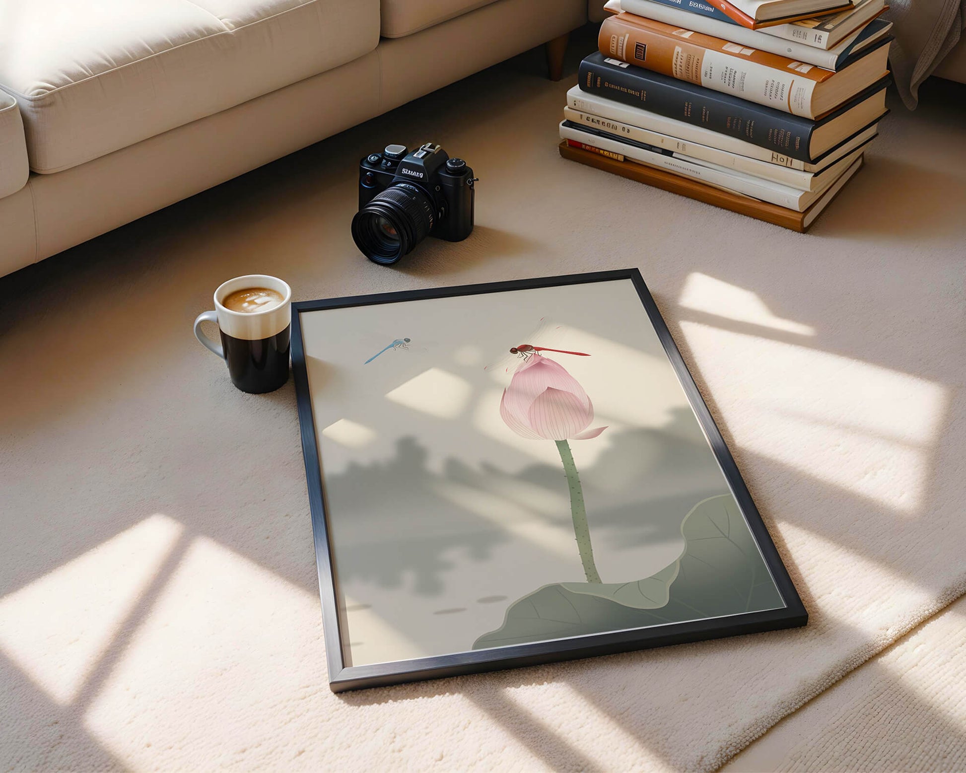 Libélulas sobre un capullo de loto con paisaje sereno