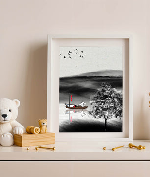 Voyage paisible en bateau dans un paysage serein avec oiseaux et arbre