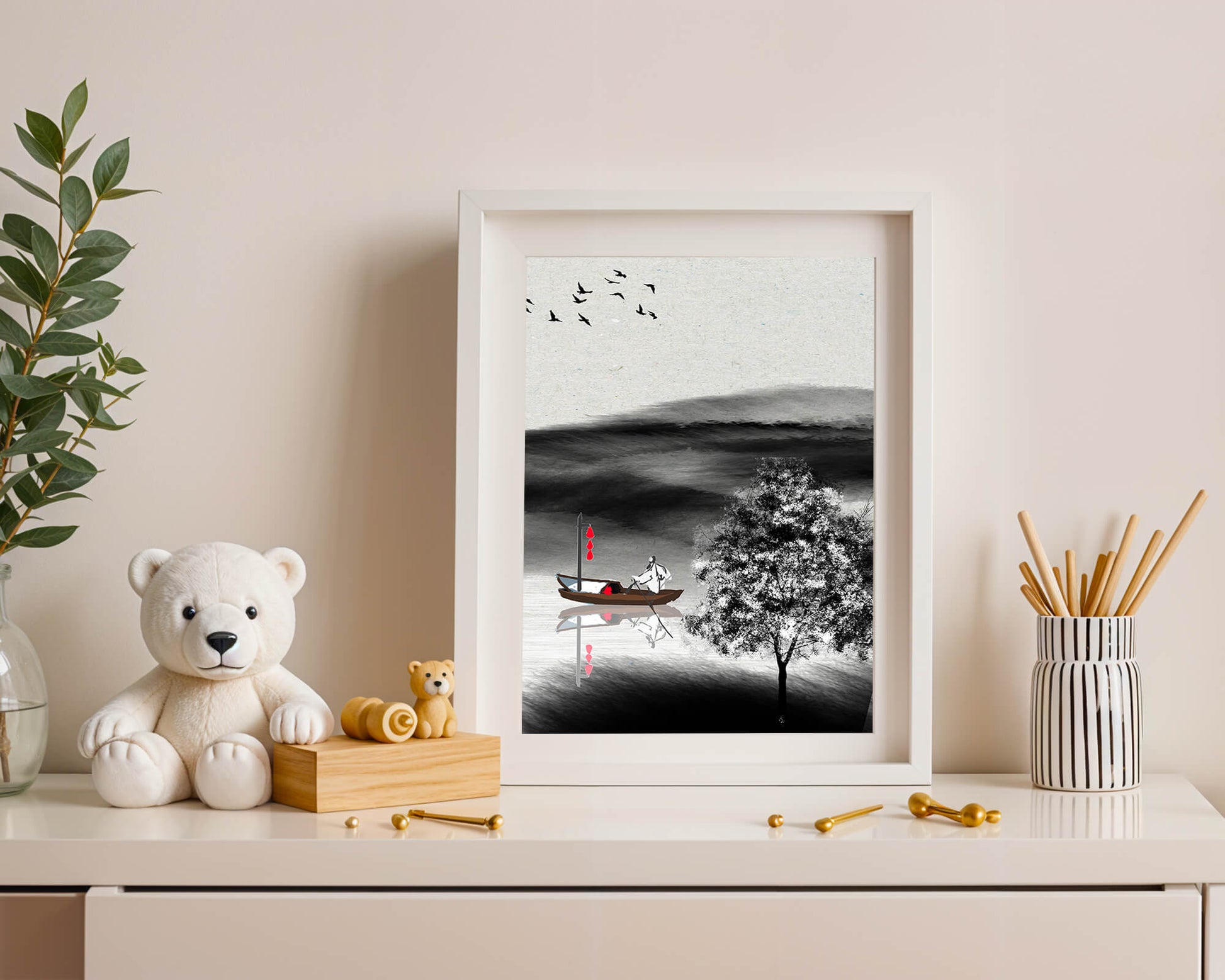 Tranquilo viaje en barco en un paisaje sereno con pájaros y árbol