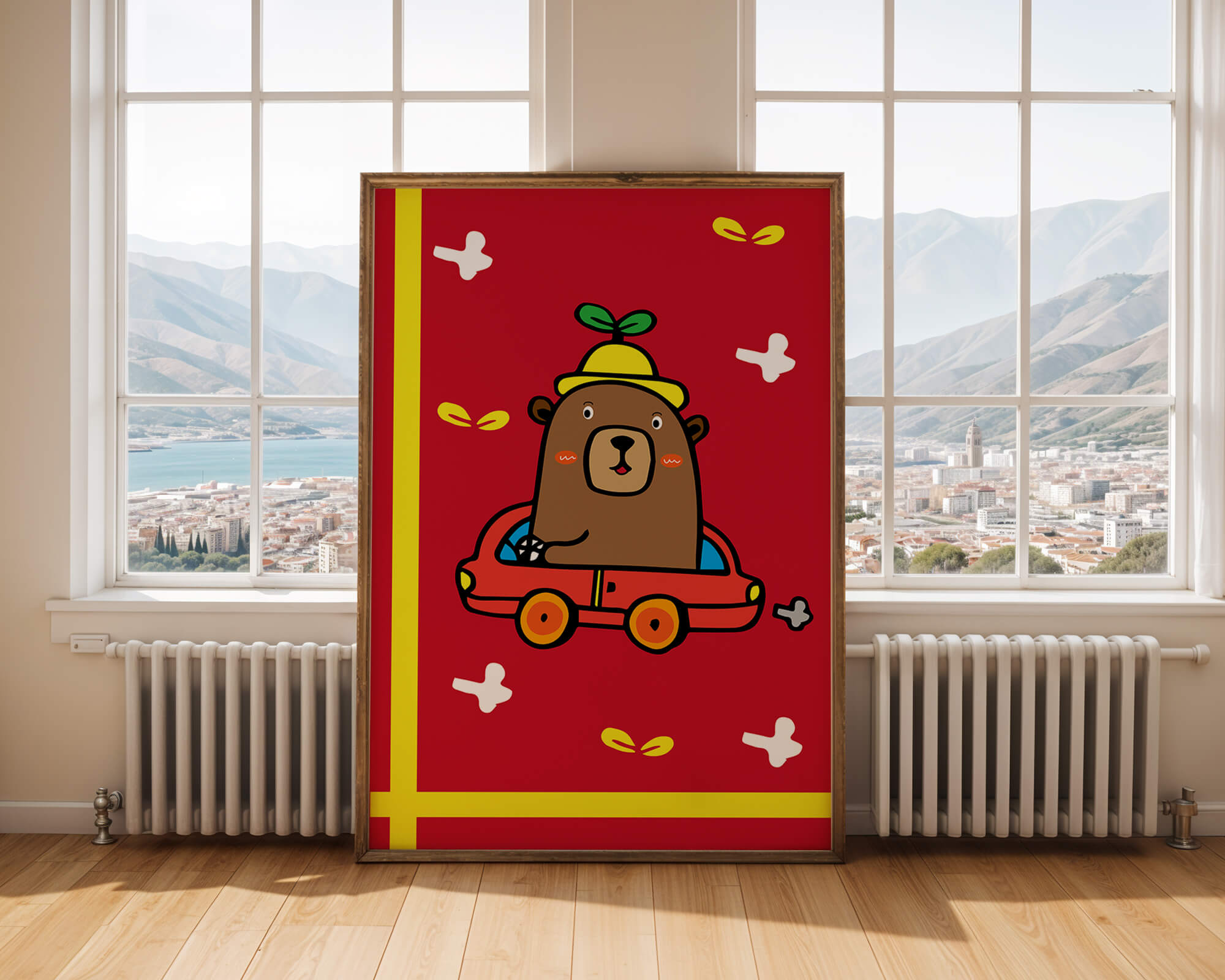 Whimsical bear driving a car on a bright red background