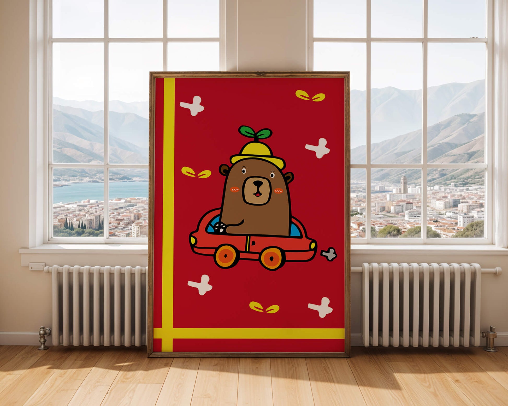 Whimsical bear driving a car on a bright red background