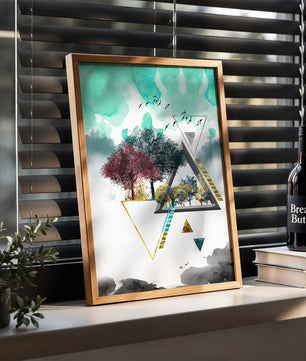Abstract Geometric Landscape with Vibrant Trees and Birds - Mi tienda