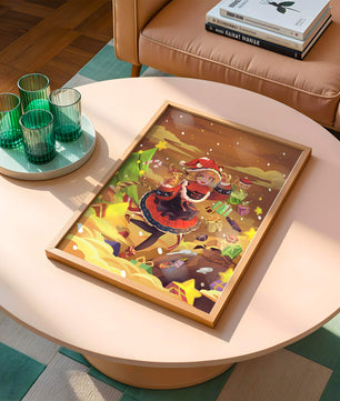 Festive anime character surrounded by gifts and holiday decor