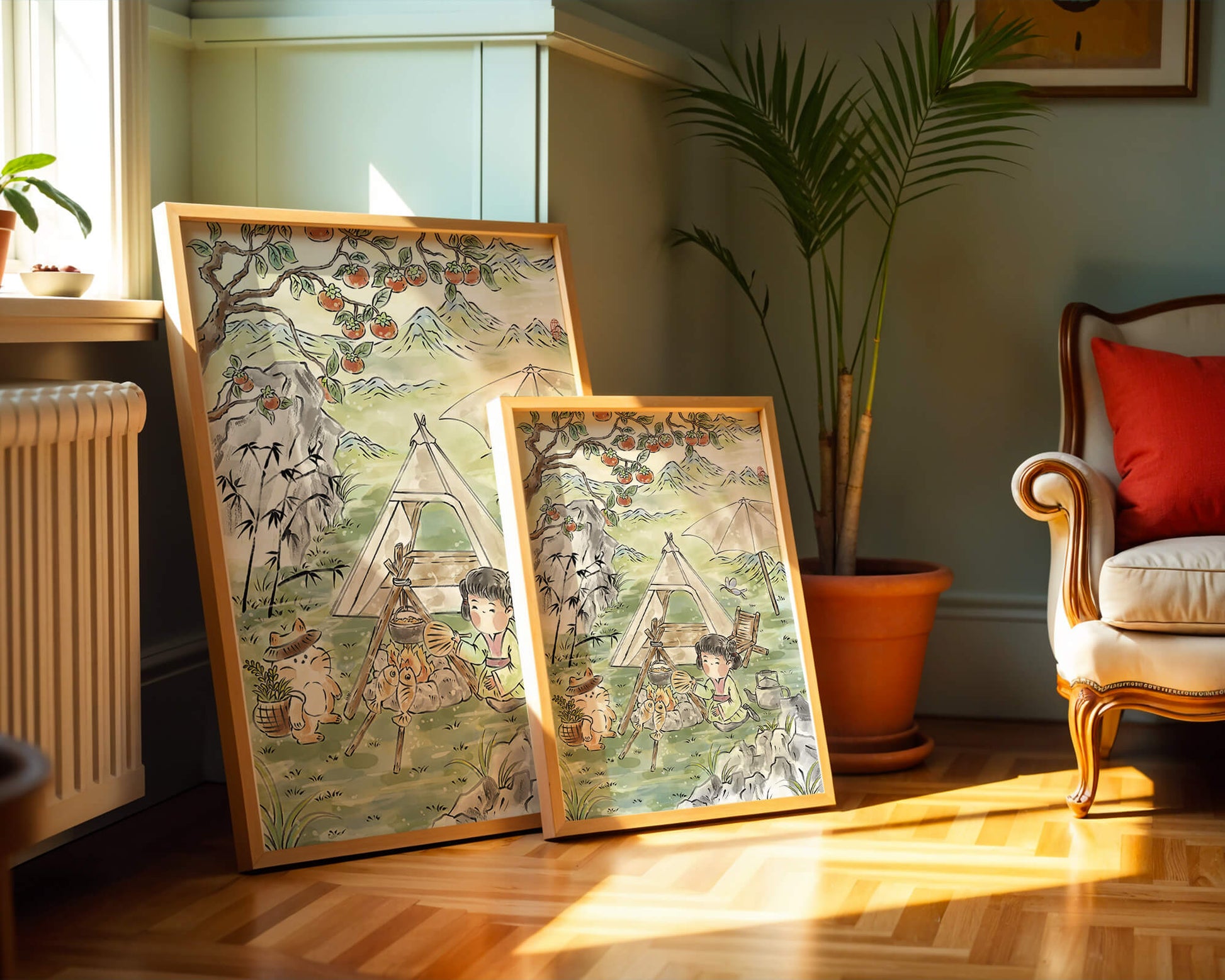 Escena encantadora de camping con un niño y un gato bajo un árbol de caqui