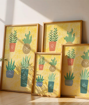 Illustrated potted plants on textured yellow background
