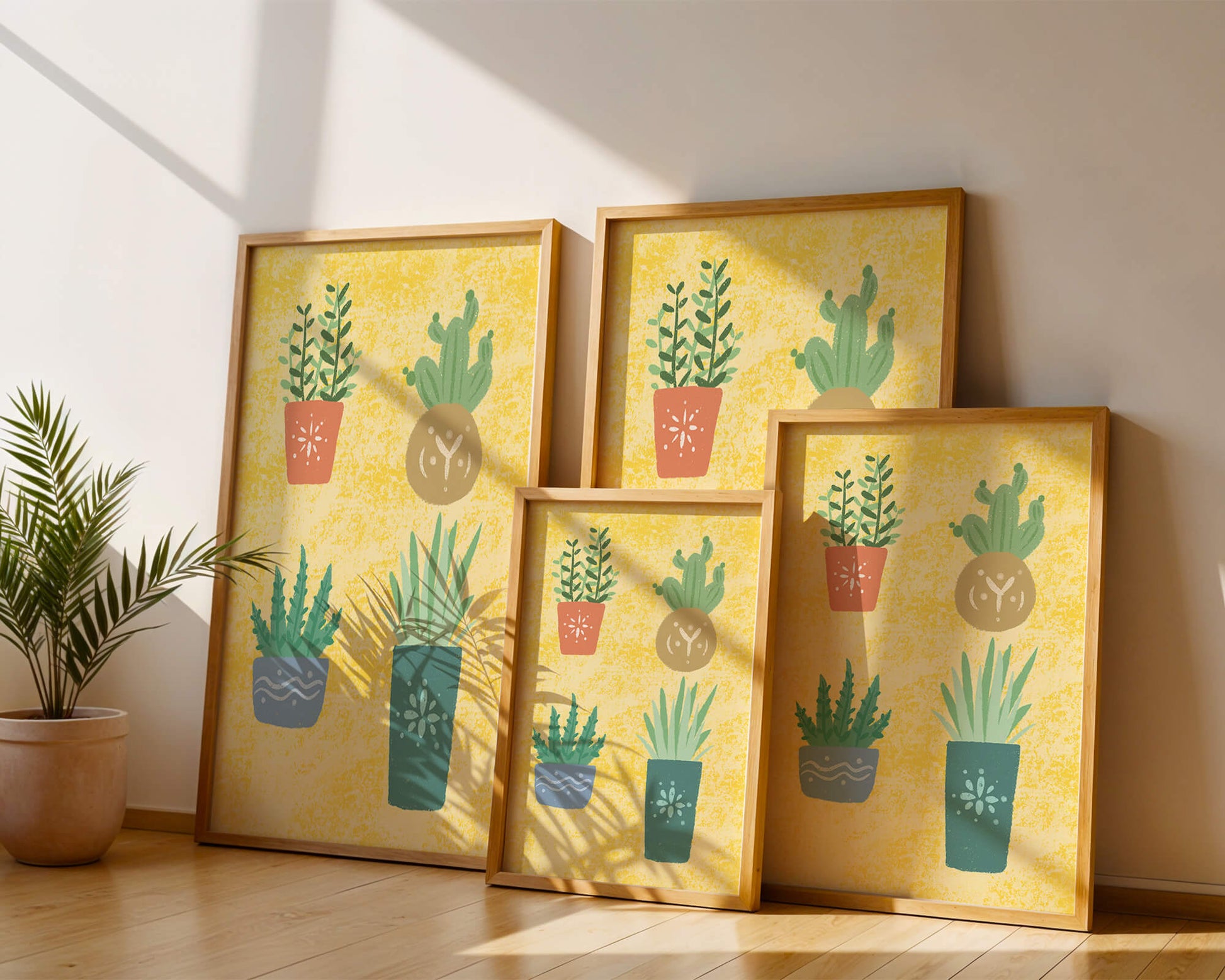 Illustrated potted plants on textured yellow background