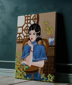 Elegant Woman in Traditional Chinese Setting with Blue Cape and Intricate Decor