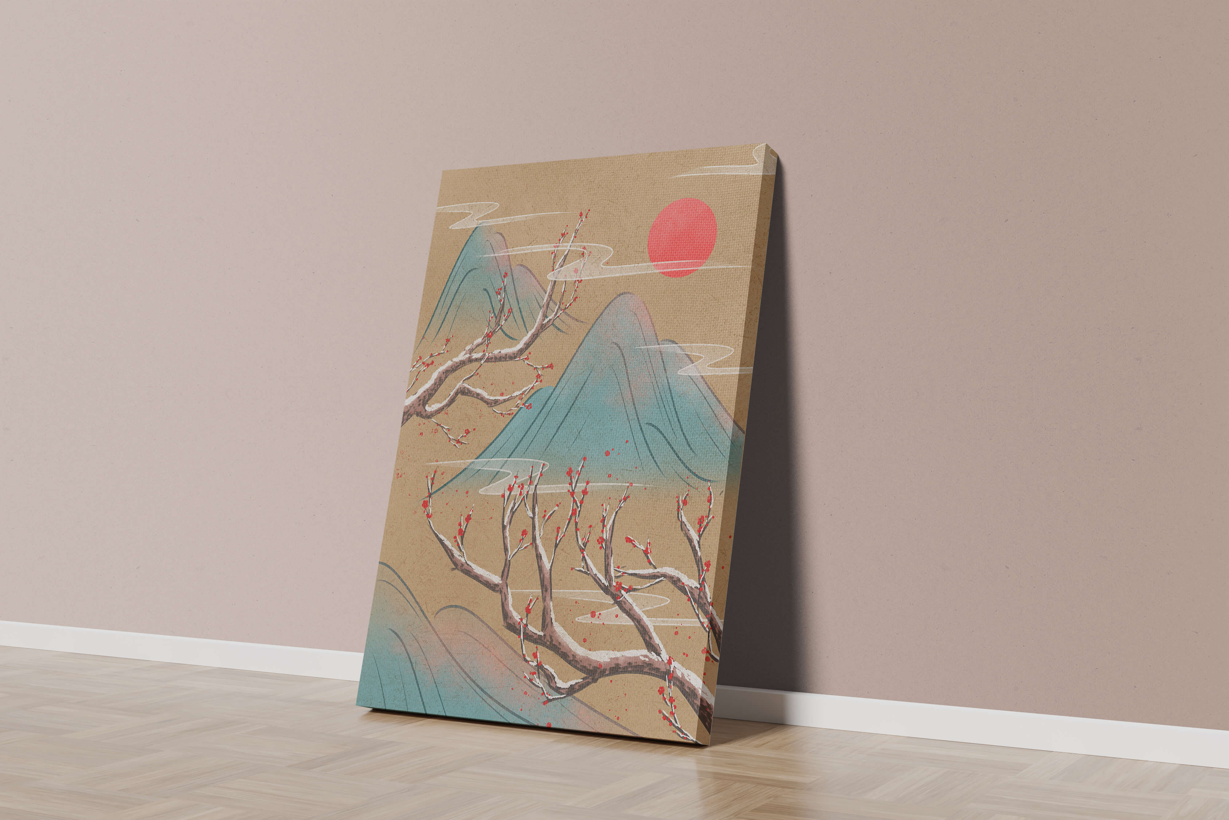 Tranquil landscape with cherry blossom and red sun