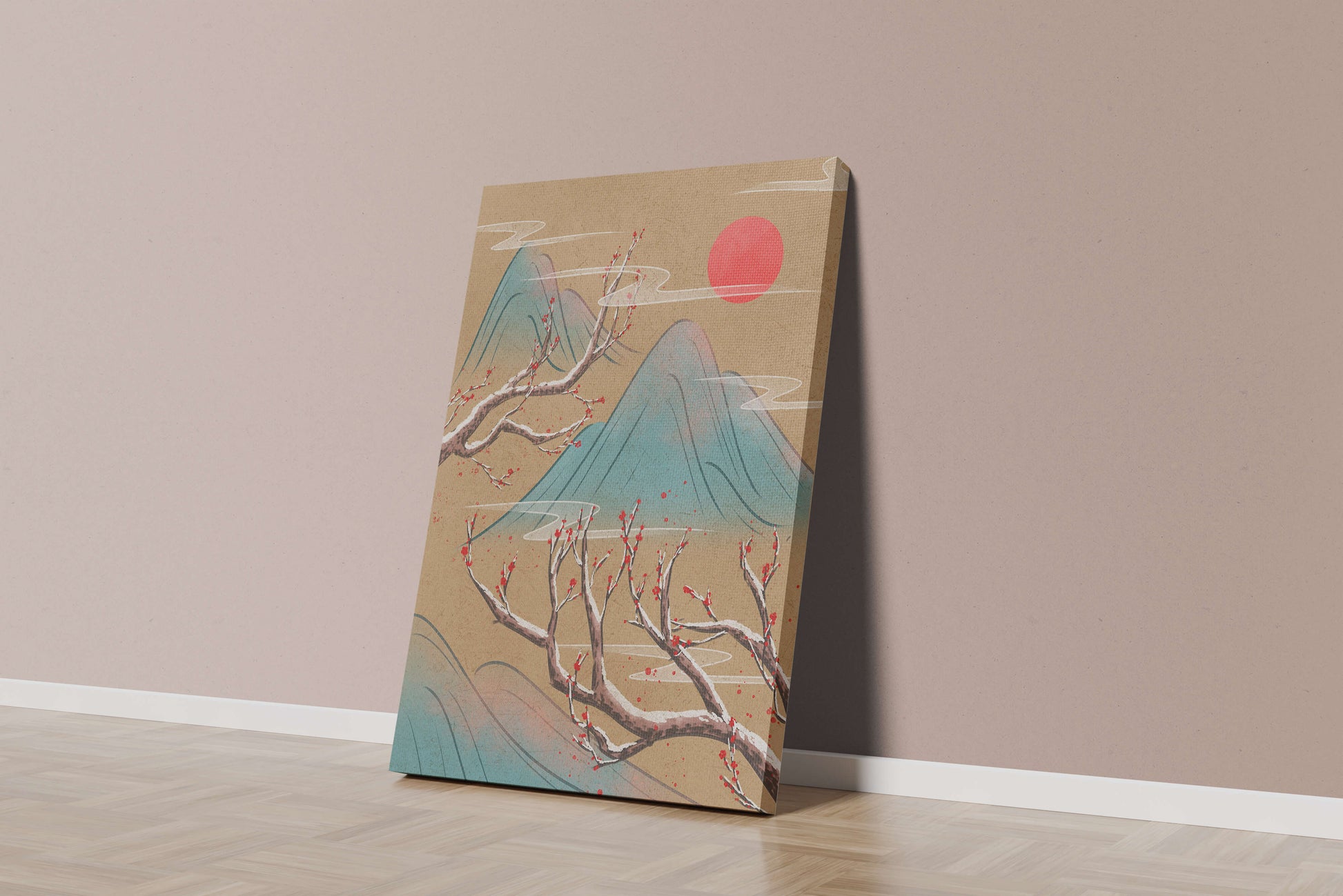 Tranquil landscape with cherry blossom and red sun