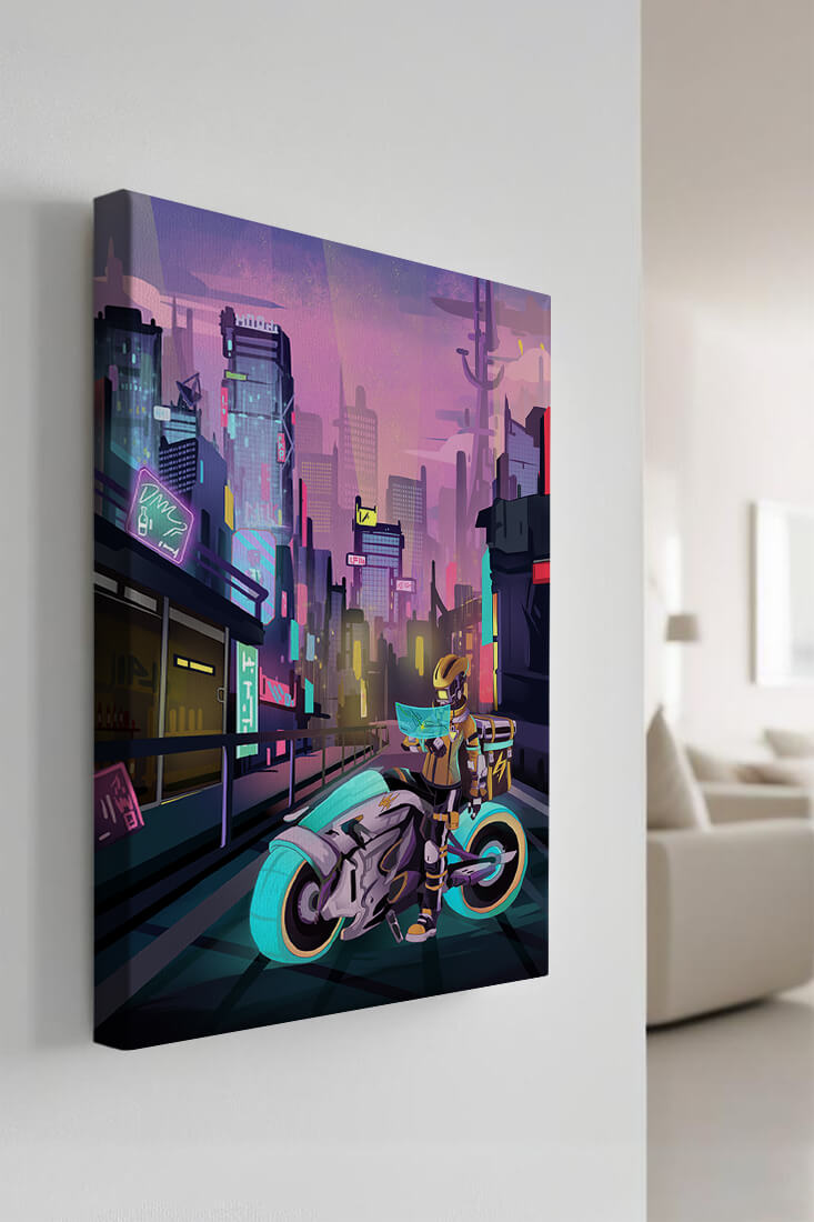 Futuristic Cyberpunk Cityscape with Neon Rider and Motorcycle
