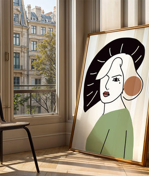 Minimalist Abstract Portrait Featuring Woman with Black Hat and Green Outfit - Mi tienda