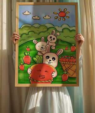 Illustration de lapins espiègles avec des carottes dans un champ ensoleillé