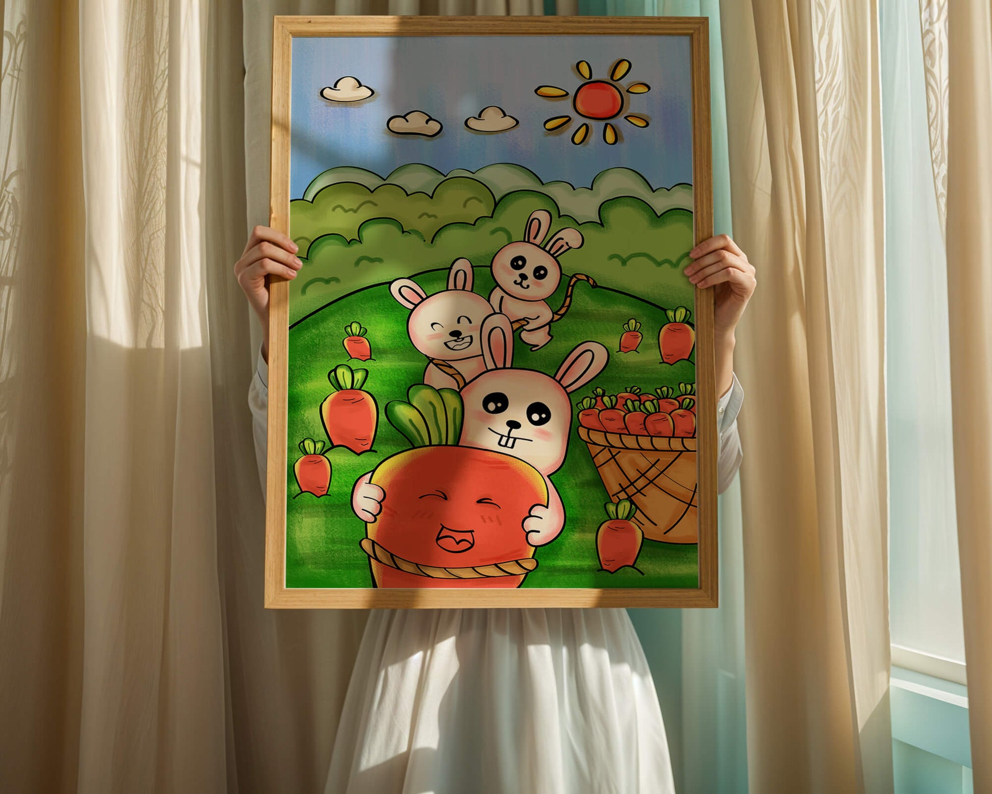 Illustration de lapins espiègles avec des carottes dans un champ ensoleillé