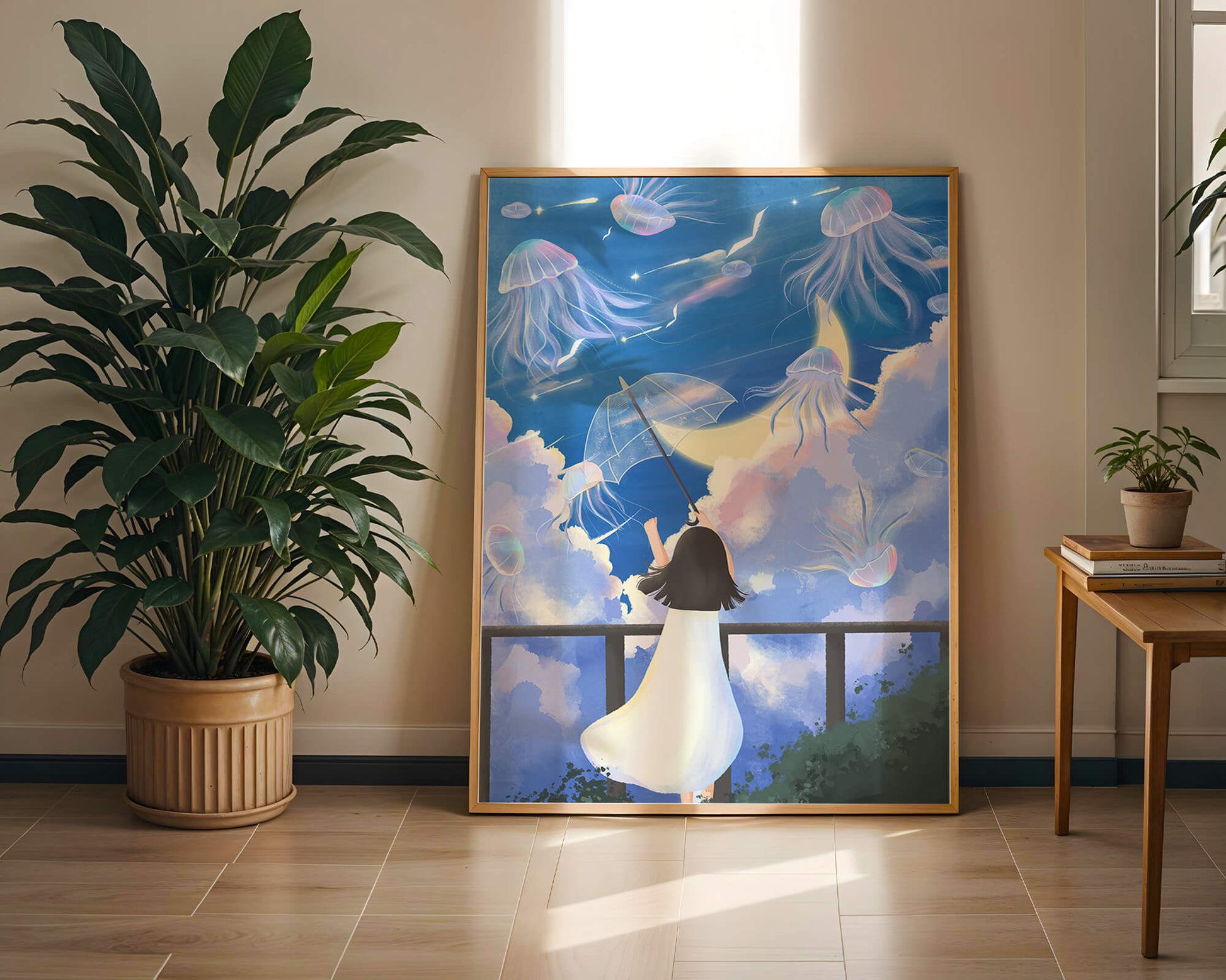 Young girl with umbrella watching surreal jellyfish sky