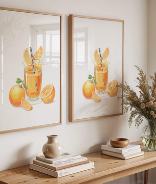 Illustration of a refreshing orange juice with fresh oranges and splash