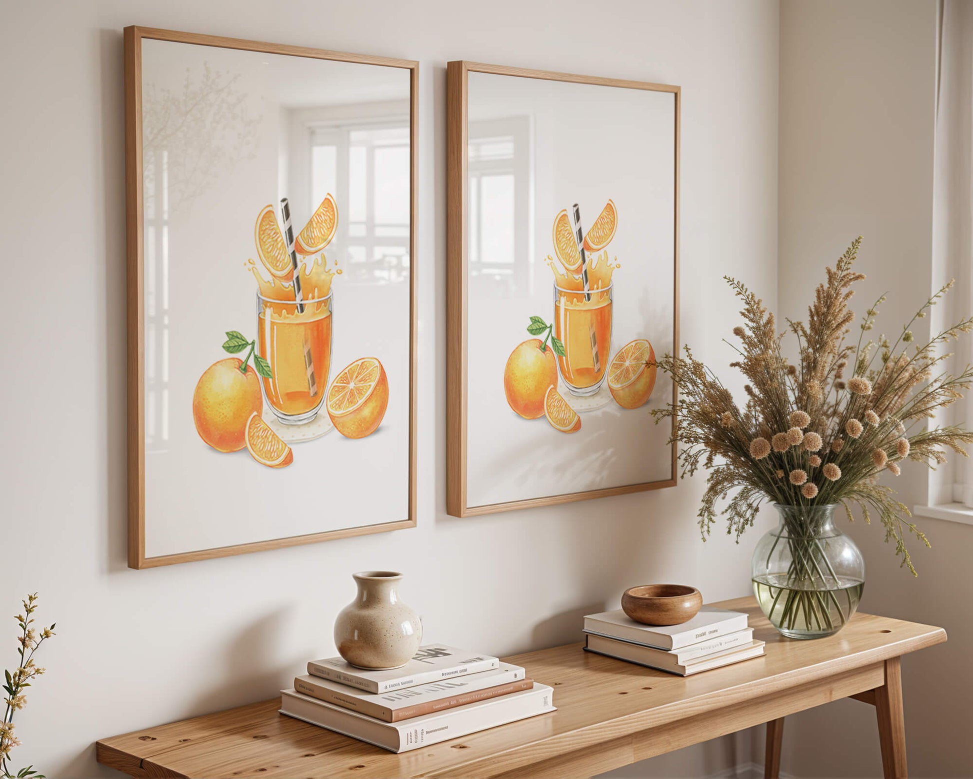 Illustration of a refreshing orange juice with fresh oranges and splash