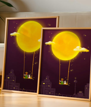 Whimsical night scene with a girl and a rabbit on a swing beneath a glowing moon