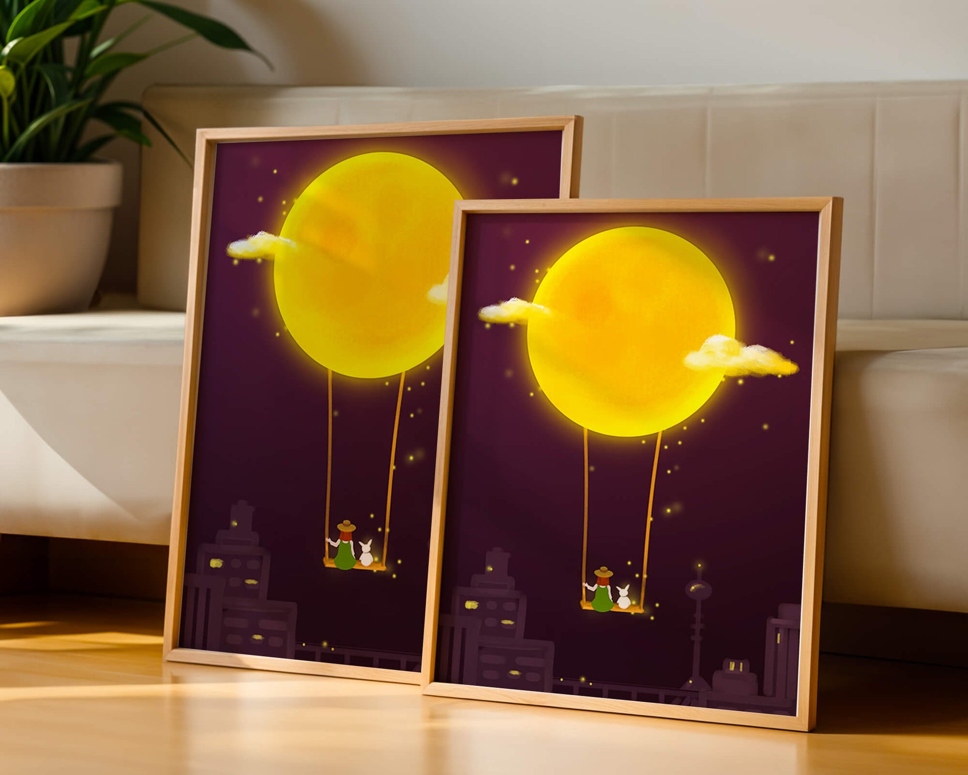 Whimsical night scene with a girl and a rabbit on a swing beneath a glowing moon