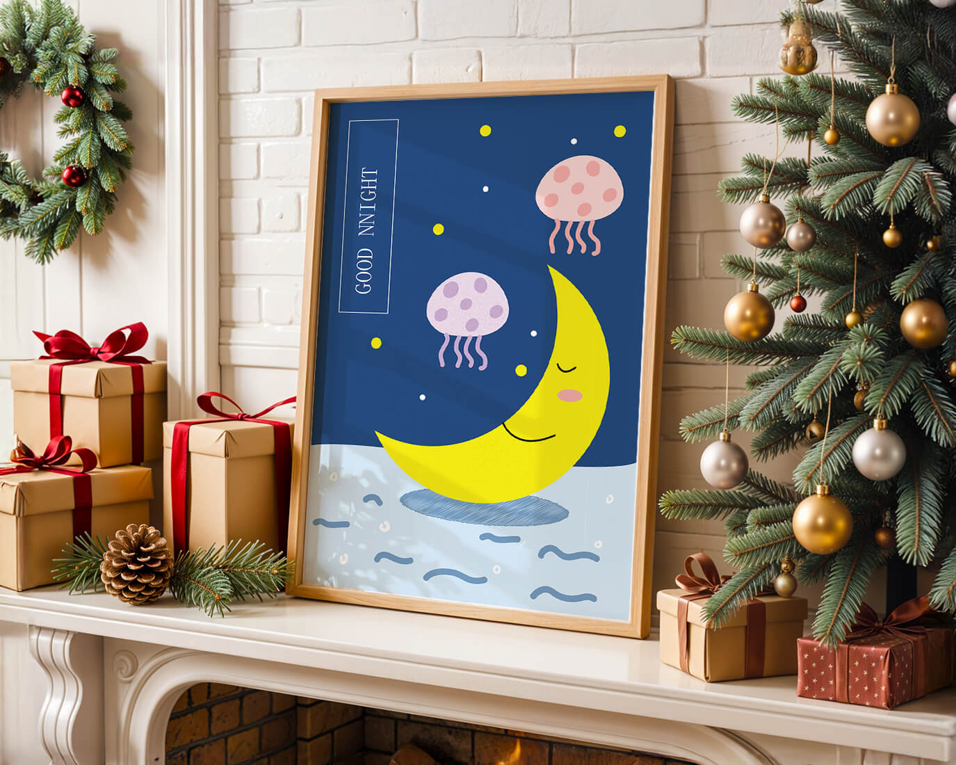 Whimsical night scene with a smiling moon and playful jellyfish