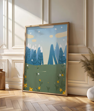 Landschaft mit schneebedeckten Bergen und Blumen im Cartoon-Stil