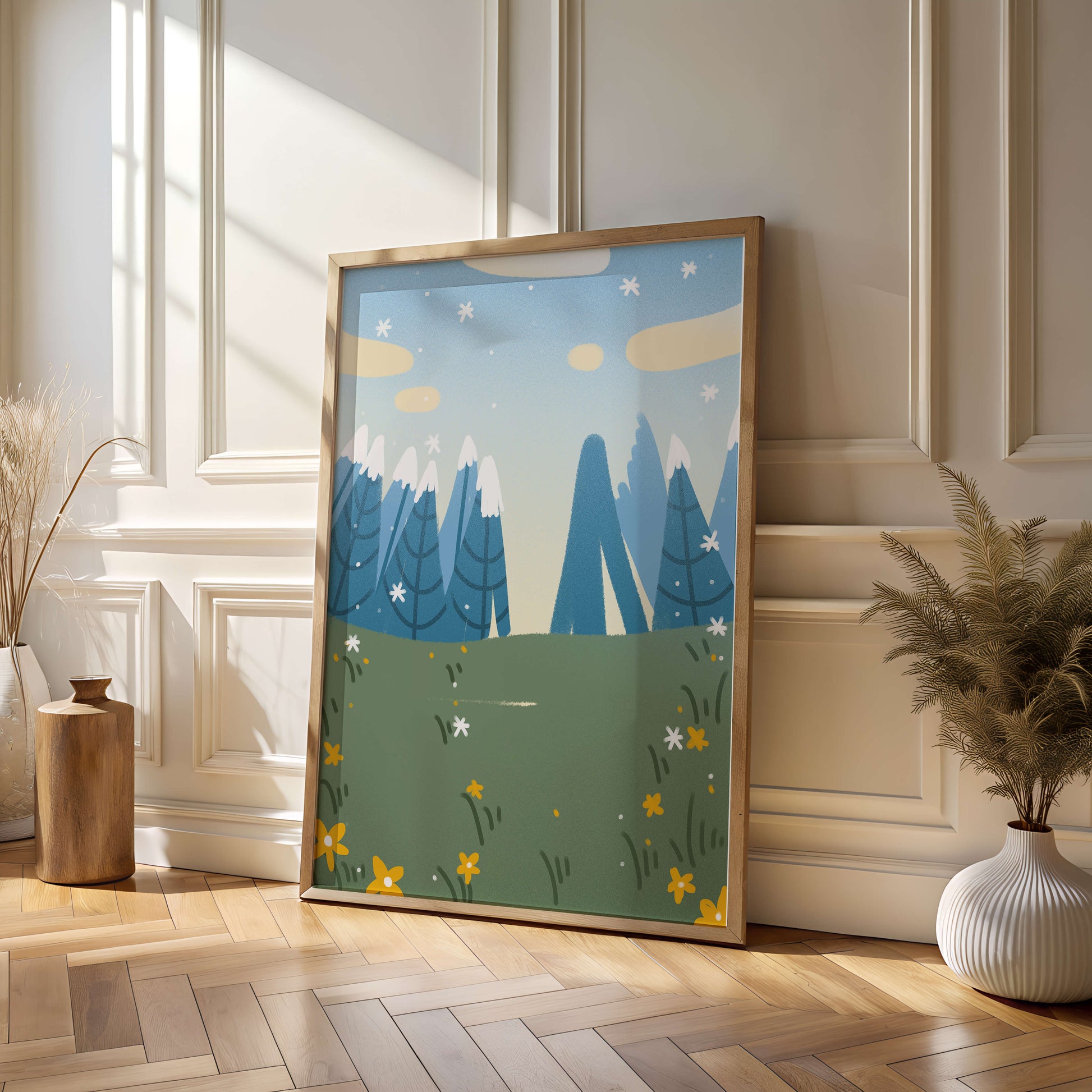 Landschaft mit schneebedeckten Bergen und Blumen im Cartoon-Stil