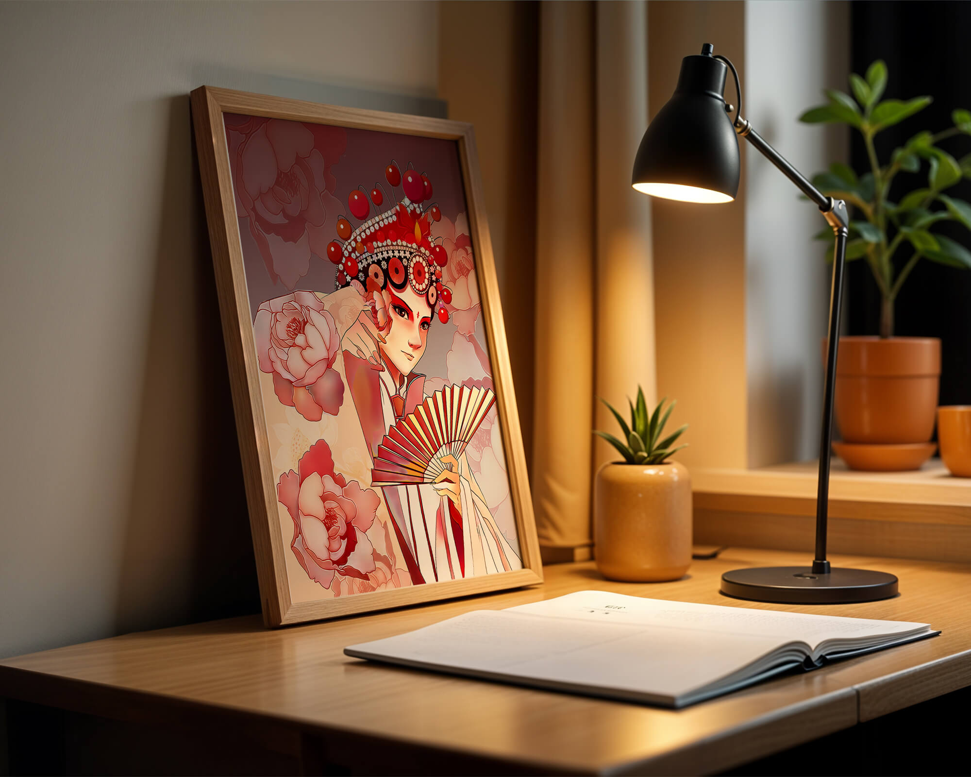 Traditional Asian artwork with floral motifs and ornate headpiece