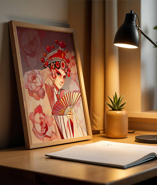 Traditional Asian artwork with floral motifs and ornate headpiece