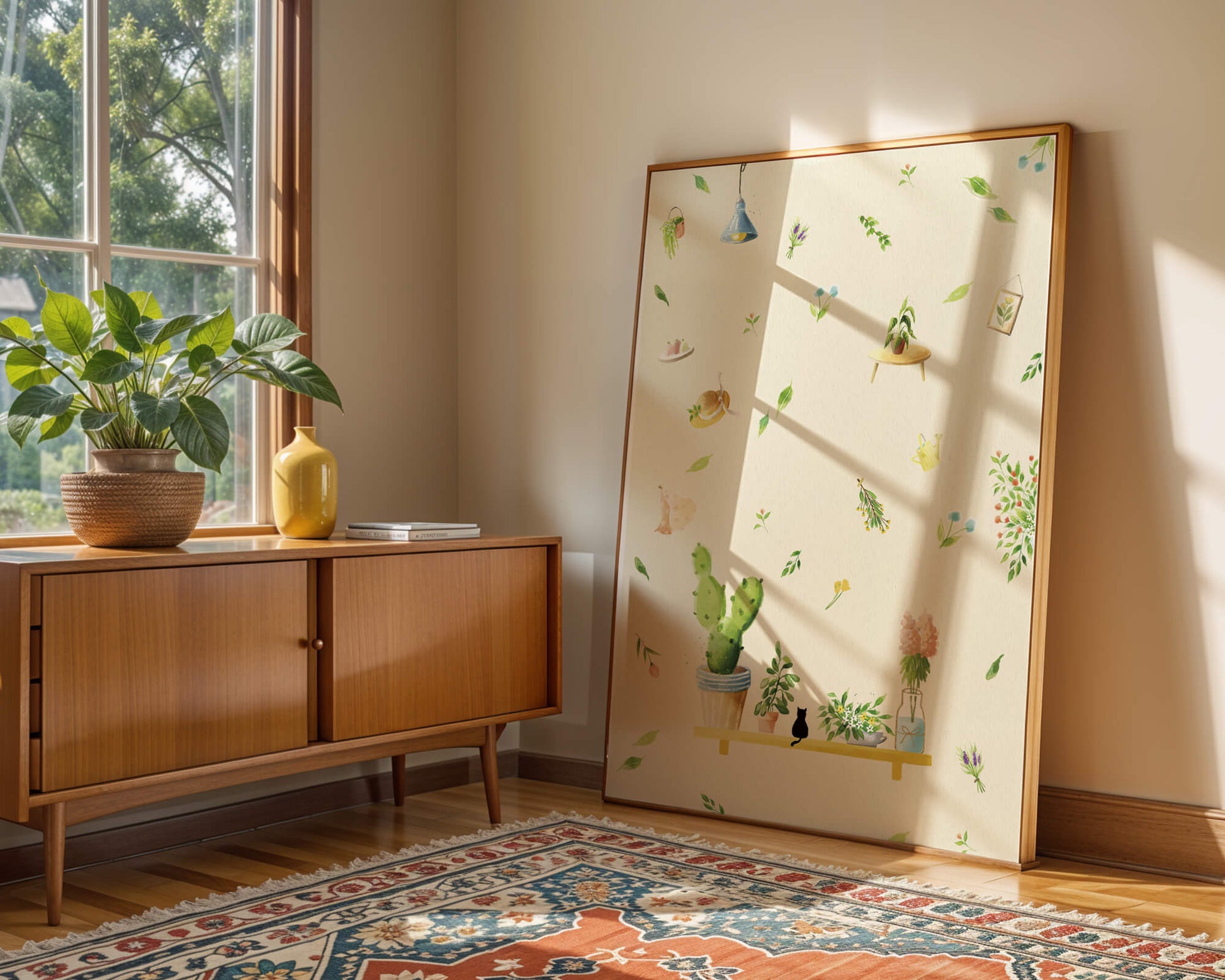Illustration décorative avec des plantes et des éléments chaleureux