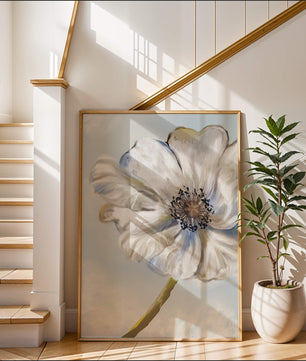 Art captivant de fleurs blanches avec des nuances de bleu sur un fond pastel