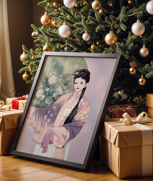 Elegant Asian Woman in Traditional Attire with Floral Background - Mi tienda