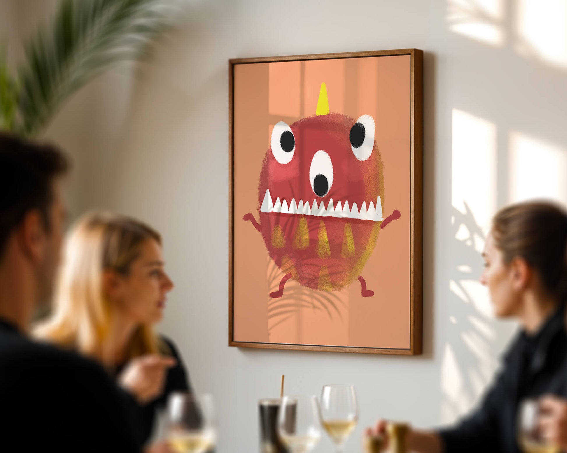 Monstruo colorido con rasgos geométricos y expresión lúdica.