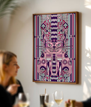 Art de chat géométrique coloré avec motifs abstraits en tons pastel