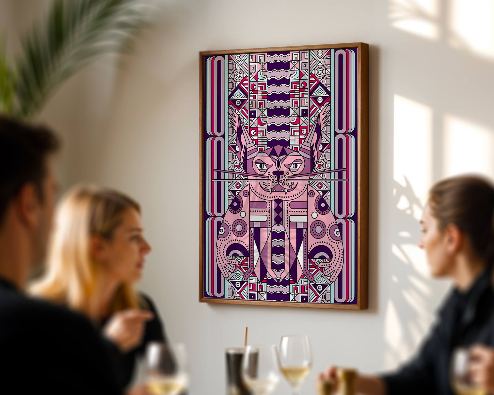 Art de chat géométrique coloré avec motifs abstraits en tons pastel