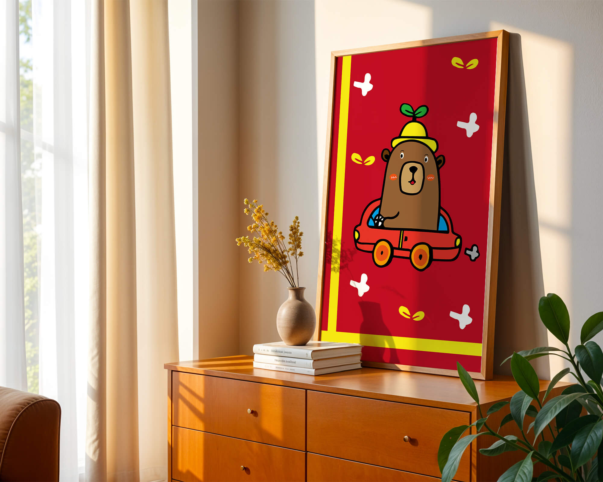 Whimsical bear driving a car on a bright red background