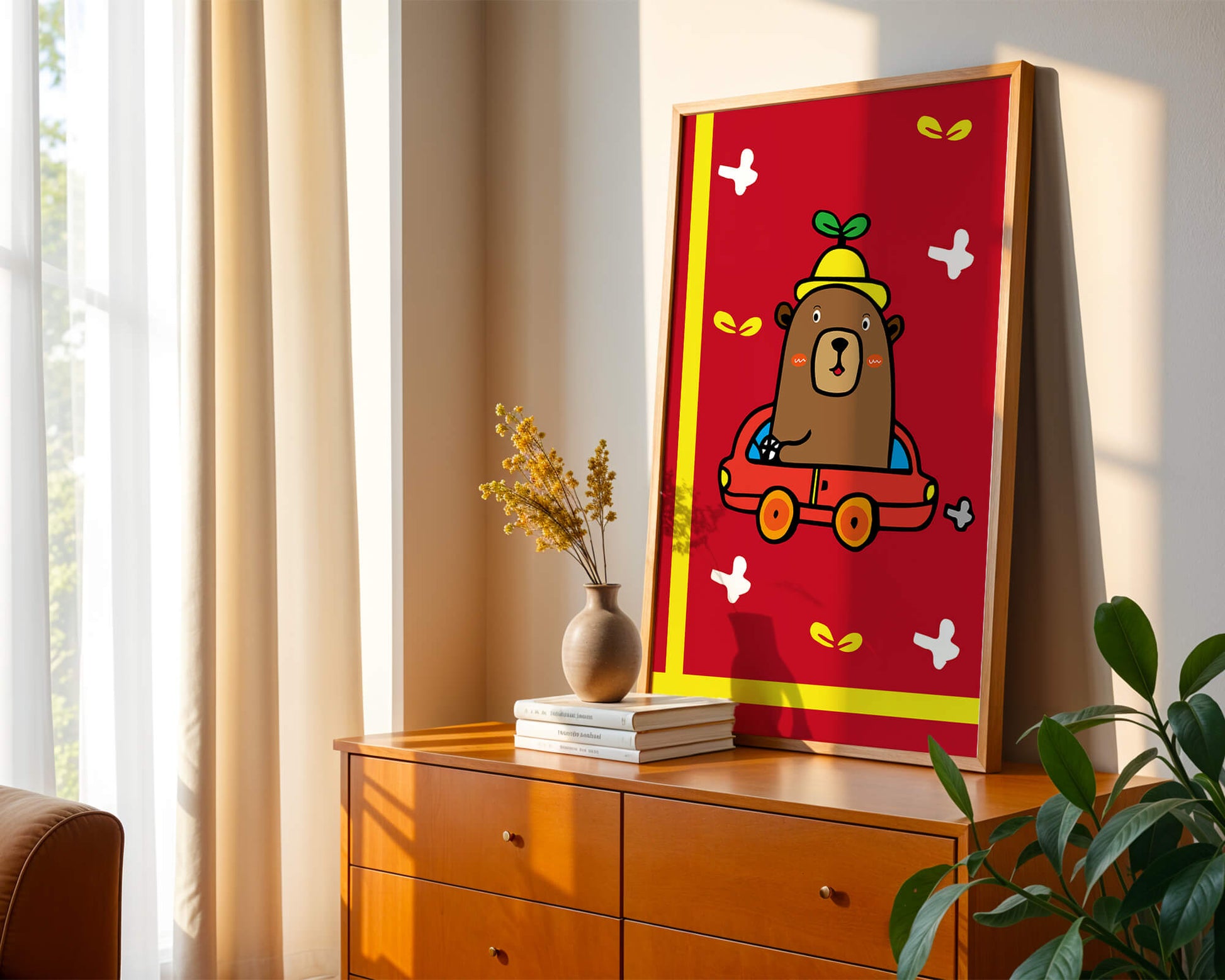 Whimsical bear driving a car on a bright red background