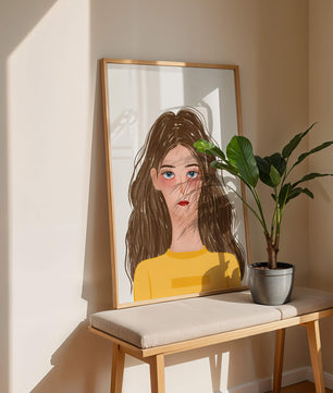 Illustrated portrait of a woman with long brown hair and expressive eyes