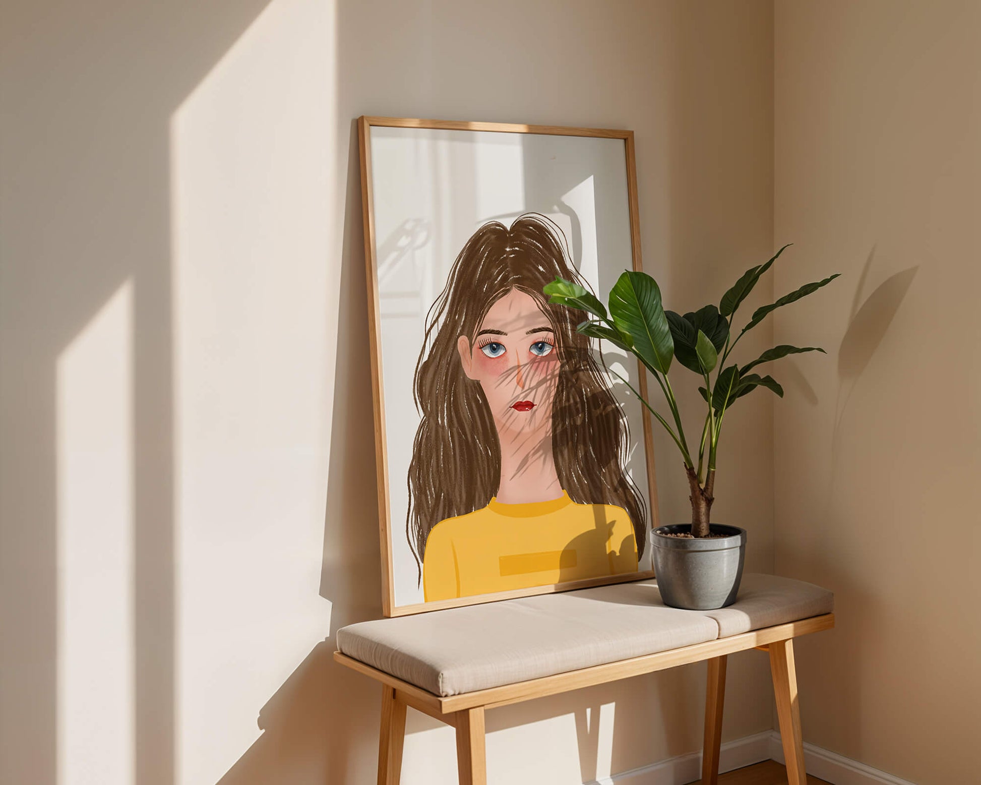 Illustrated portrait of a woman with long brown hair and expressive eyes