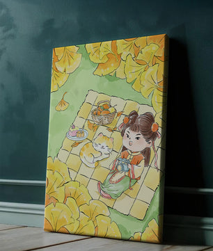 Charming autumn picnic scene with girl and cat surrounded by ginkgo leaves