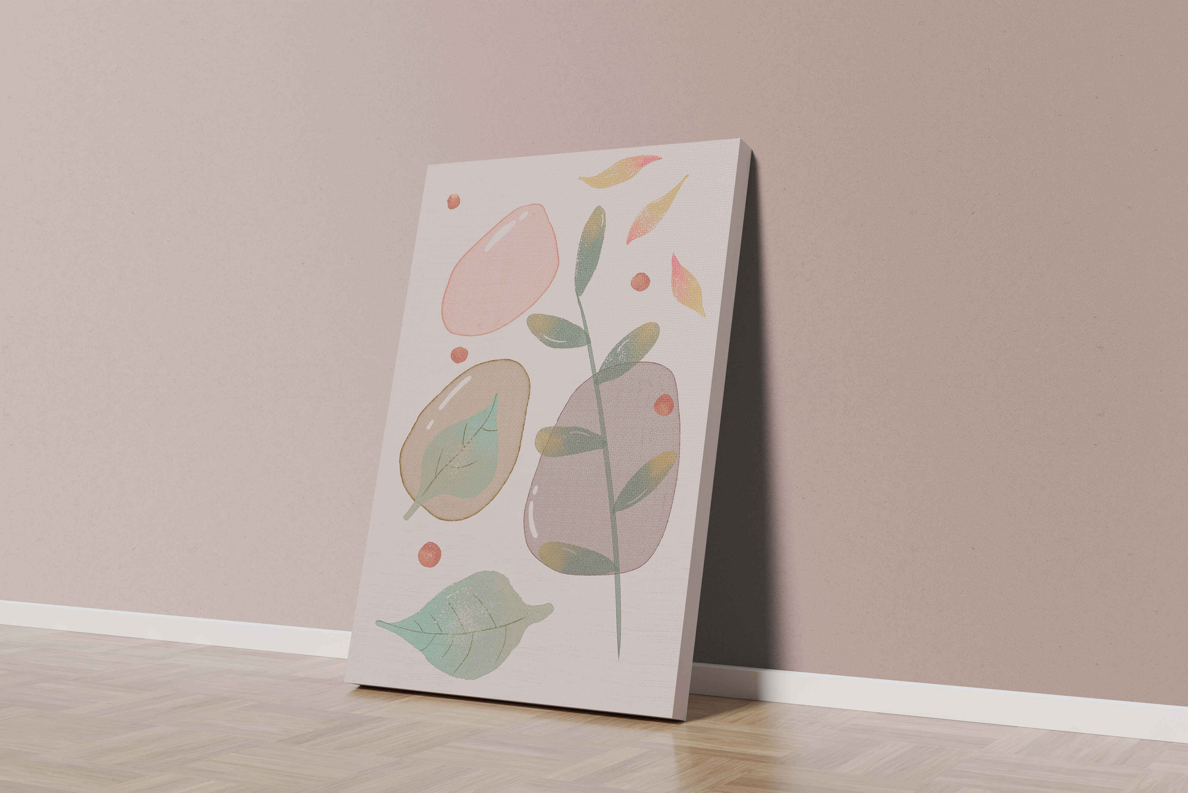 Abstract botanical illustration with pastel colored leaves and shapes