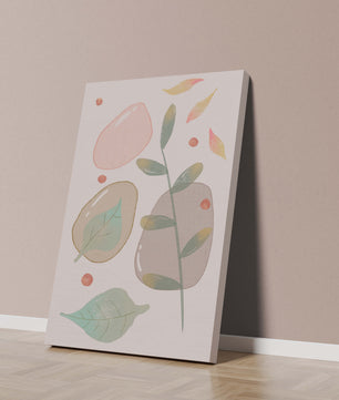 Abstract botanical illustration with pastel colored leaves and shapes