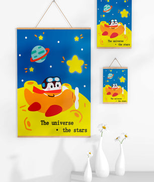 Colorful cartoon airplane with stars and planets in space
