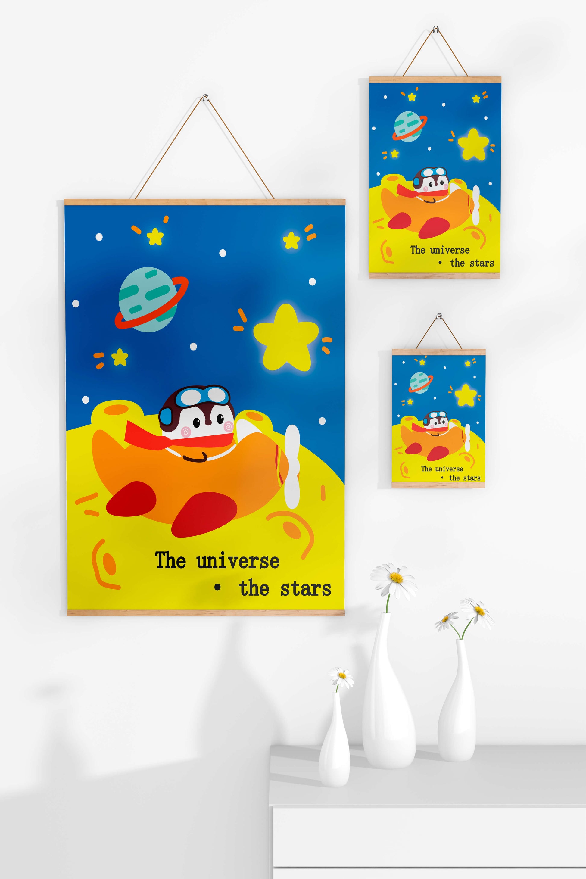 Colorful cartoon airplane with stars and planets in space