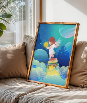Enchanting angel collecting stars in a dreamy night sky