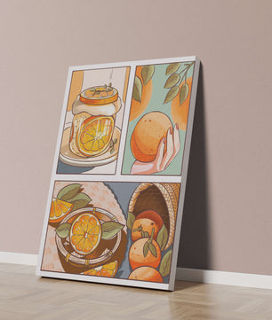 Ilustración colorida de naranjas y conservas con canasta
