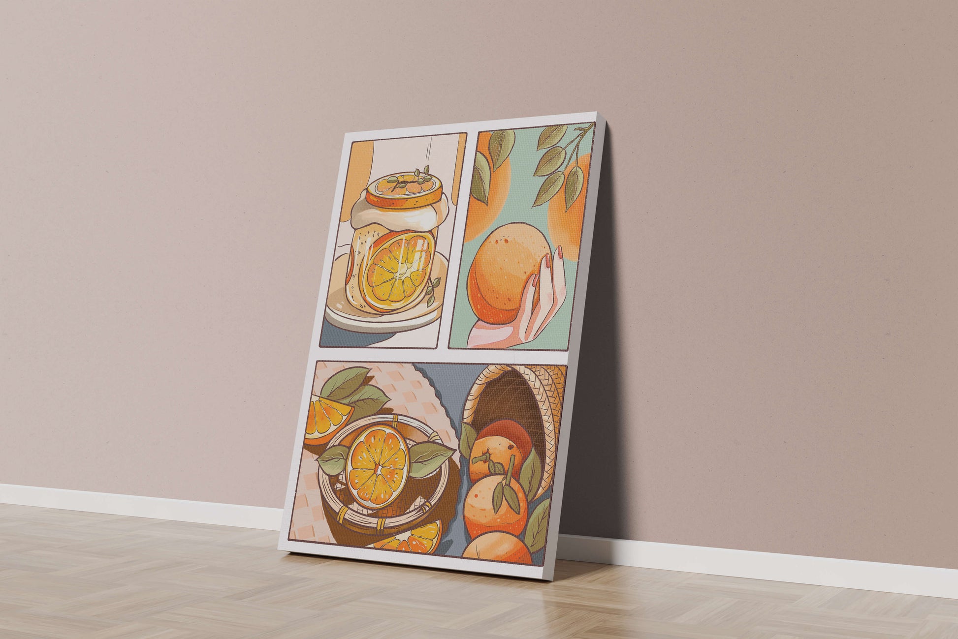 Ilustración colorida de naranjas y conservas con canasta